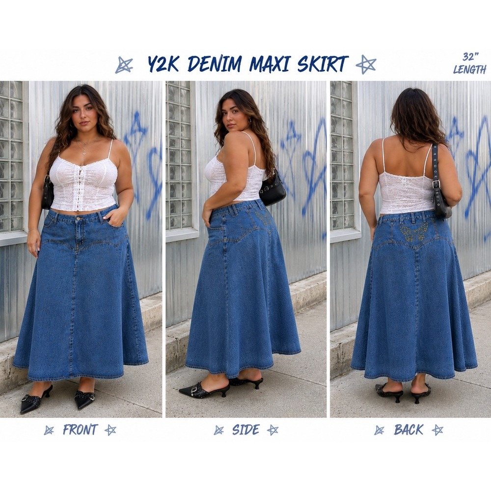 VTG NoFuze Denim Midi Skirt  16 Blue Western Yoke Rhinestone Butterfly Flare Y2K